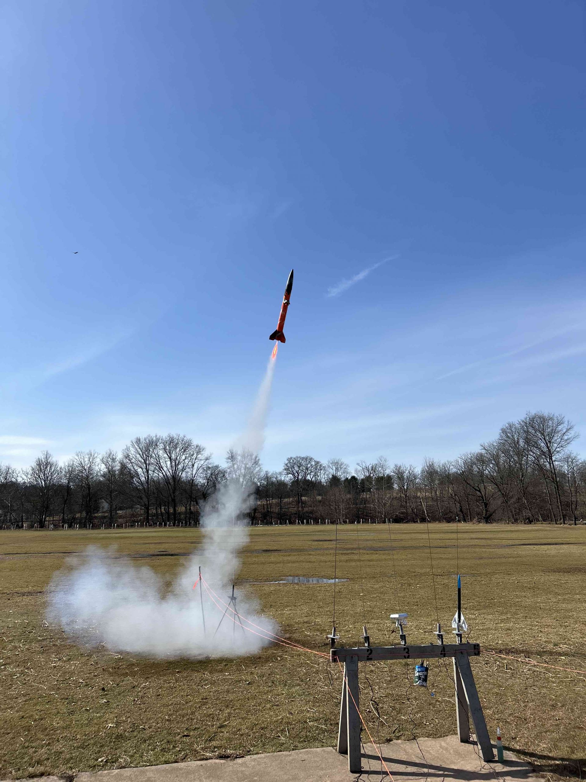 One of the Princeton club rockets launching into the wind to minimize drift.